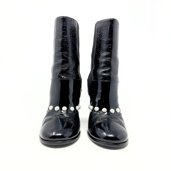 Chanel Boots CC LOGO Pearl Black Leather Mid Calf Chelsea Platform Heel Shoes 39 - Picture 4 of 11
